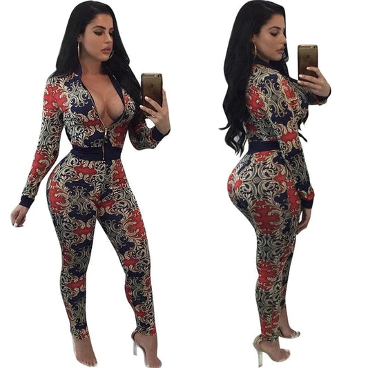 2024 sexy spring full printed fashion elegant women's zipper top jacket and leggings two 2 piece set clothing clothes for women