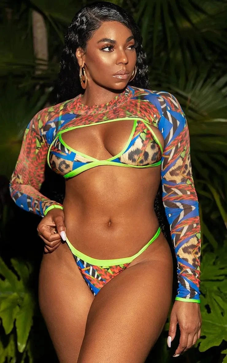 2024 Sexy women's Leopard Print Bikini Sets Long Sleeve Top Triangle With Beach Swimsuit 3 Piece Swimsuit