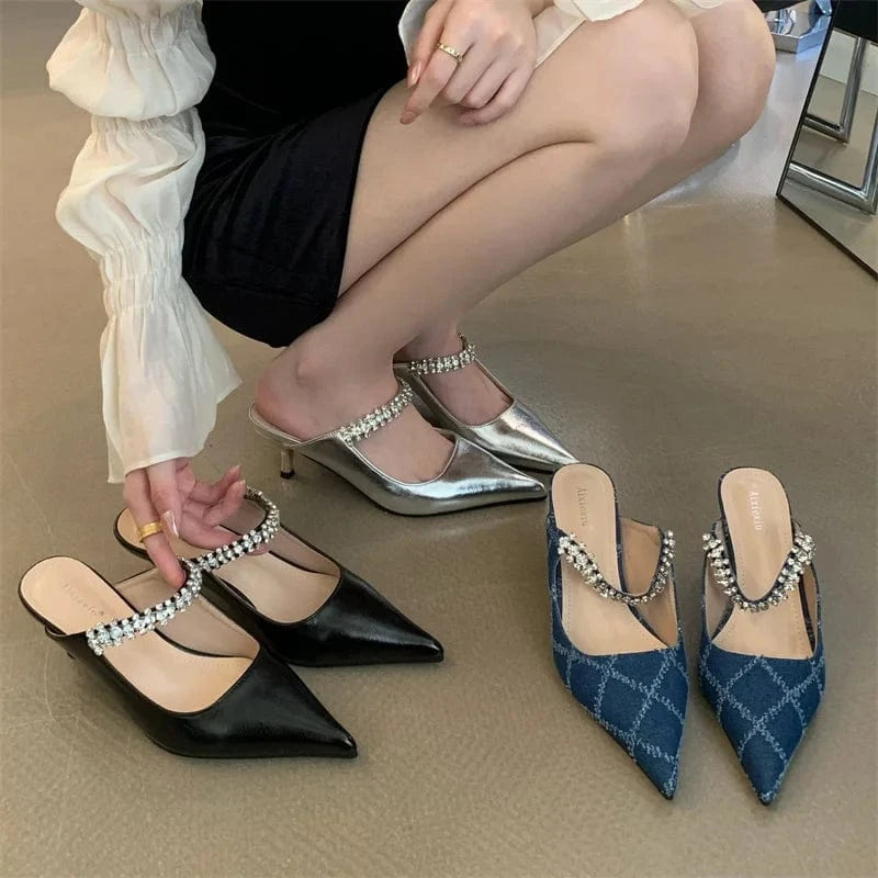 2024 Shoes Talons Femmes Sandals Simple Fashion Rhinestone Pointed Toe Designer Heels For Ladies