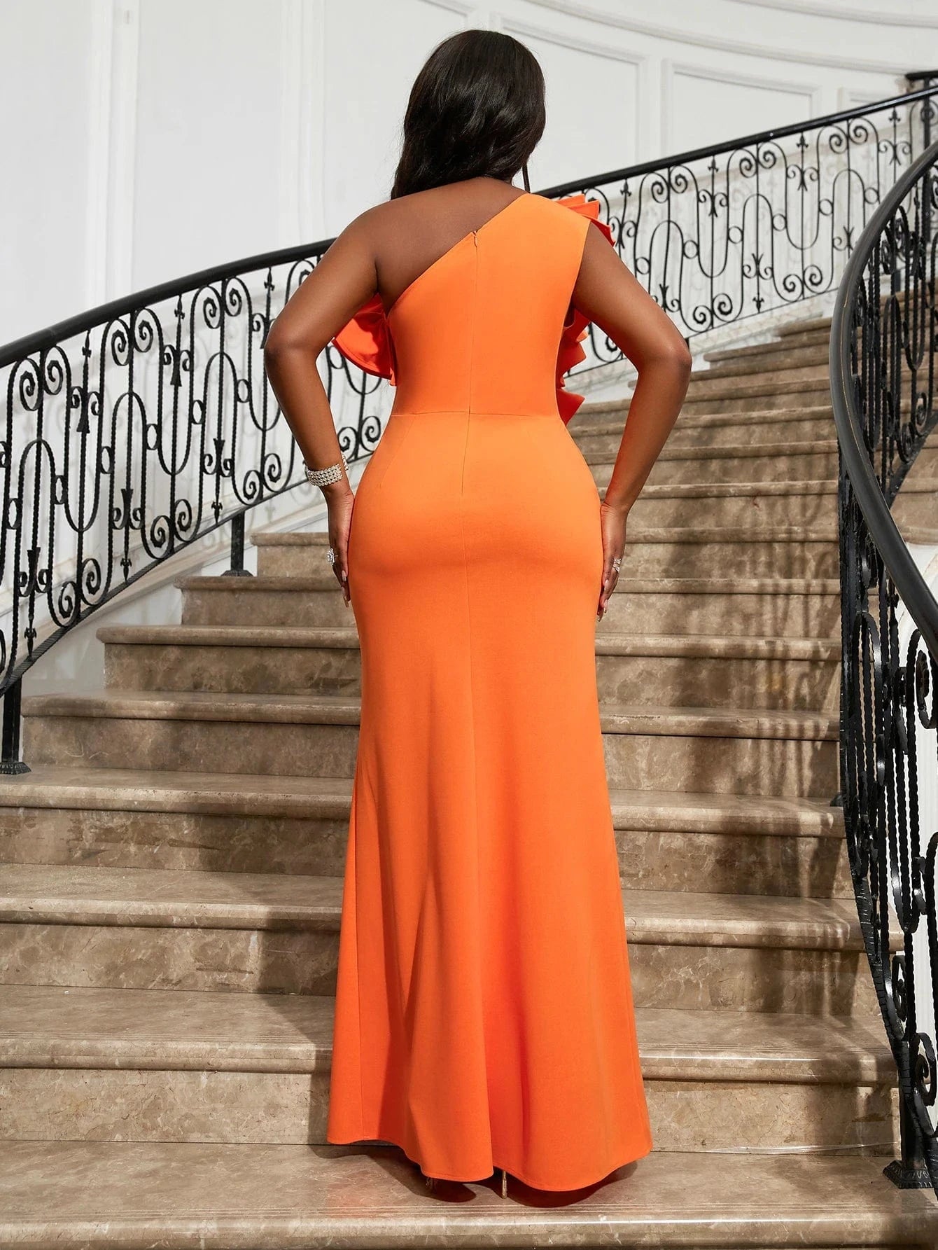 2024 Skew Neck One Shoulder Ruffle Flower Fishtail Women Prom Dress