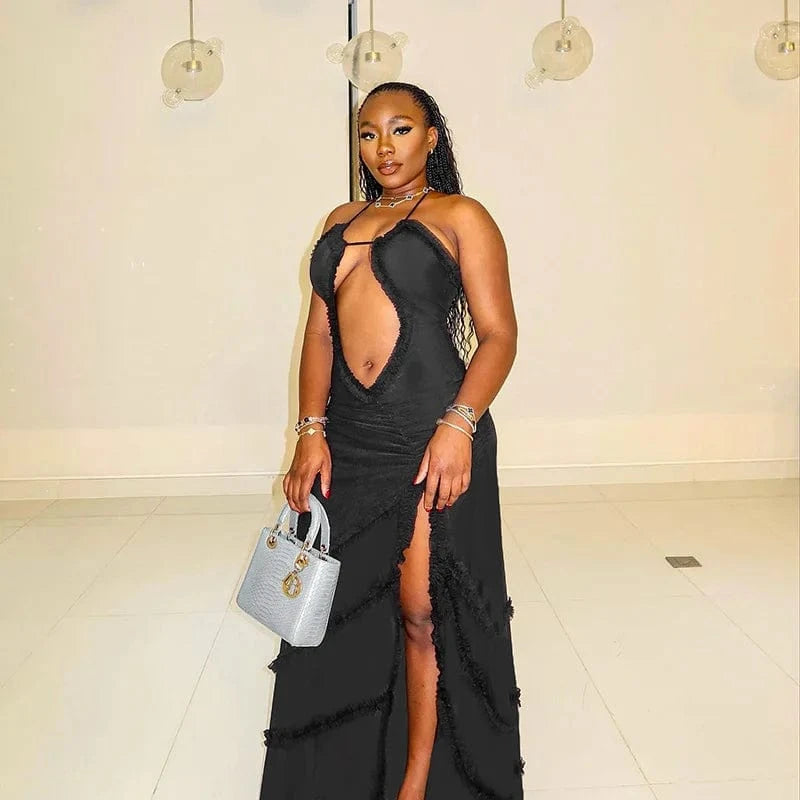 2024 Sleeveless Slim Holiday ladies summer casual Club sexy Hollow cut Out Halter Maxi Pleated See Through Dress for women