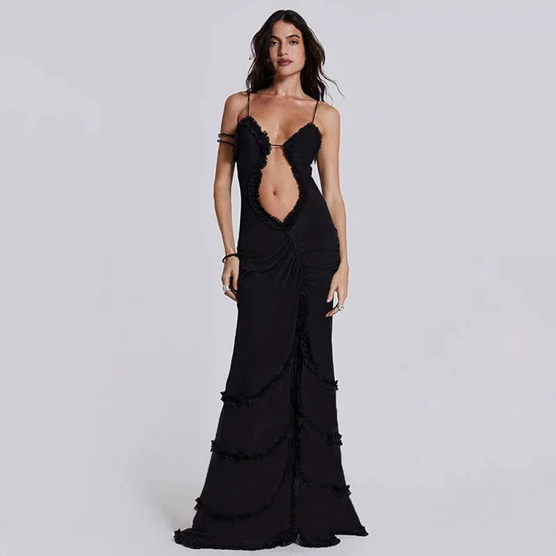 2024 Sleeveless Slim Holiday ladies summer casual Club sexy Hollow cut Out Halter Maxi Pleated See Through Dress for women