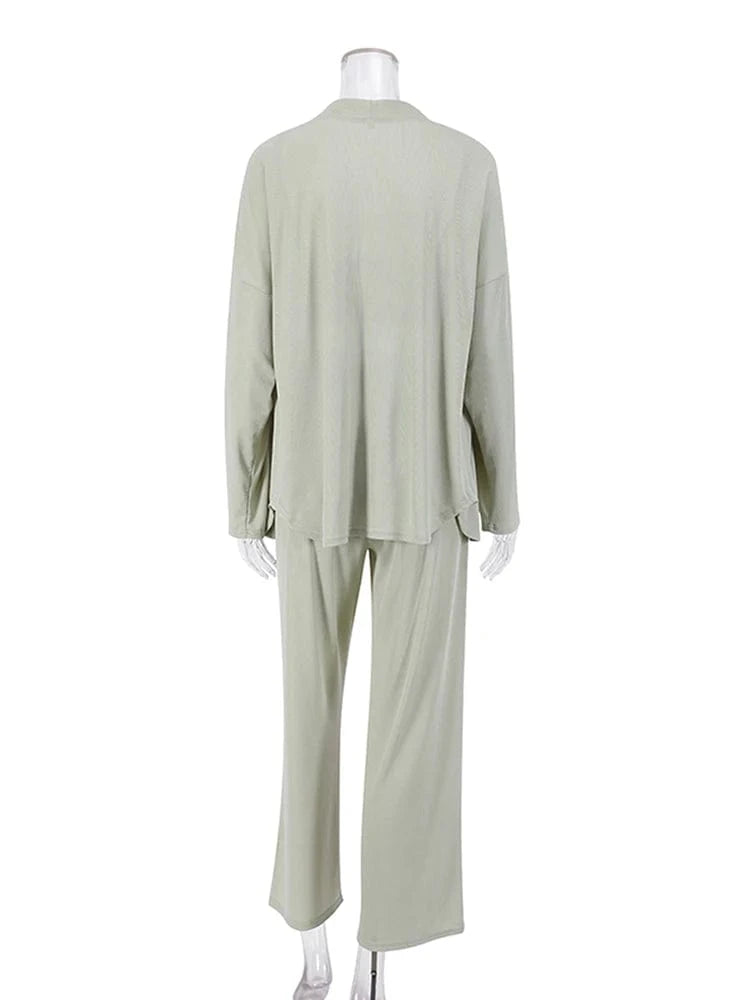 2024 Soft Touch Ribbed Drop Sleeves Sleepwear Pajama Set Winter Sleepwear Outfits Pants 3 Pieces Women's Clothing Sets Loose