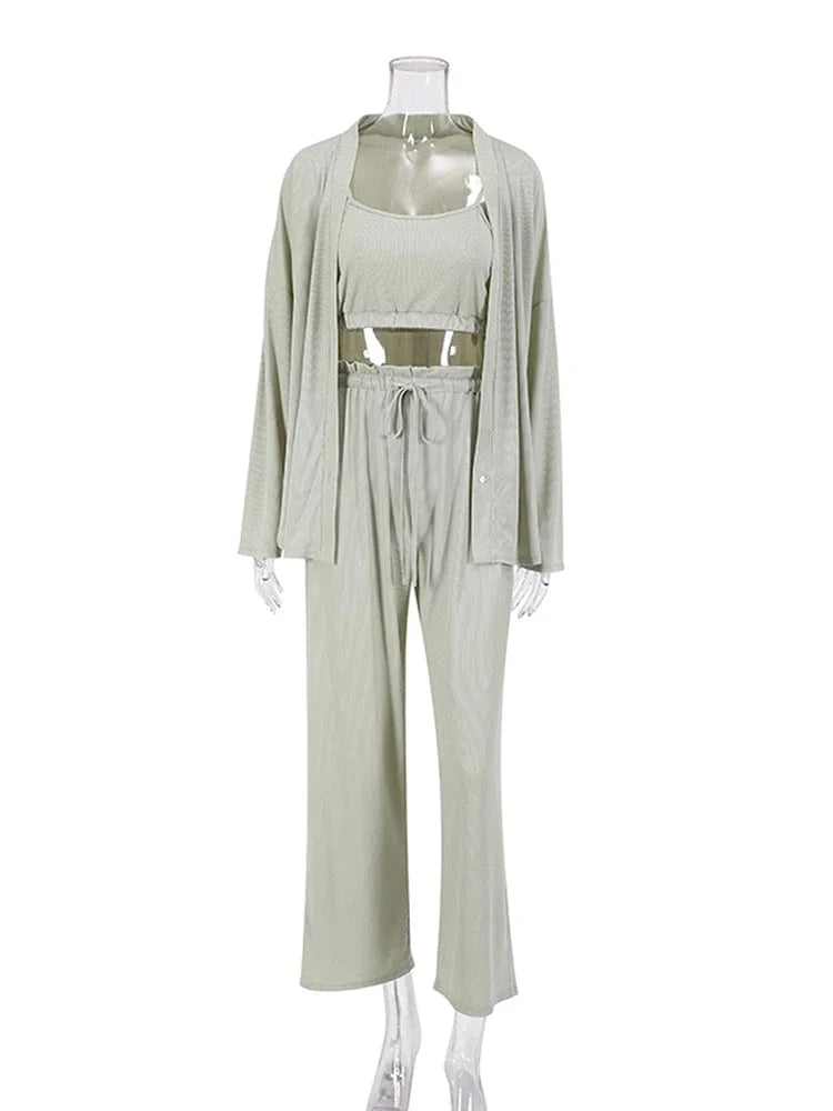2024 Soft Touch Ribbed Drop Sleeves Sleepwear Pajama Set Winter Sleepwear Outfits Pants 3 Pieces Women's Clothing Sets Loose