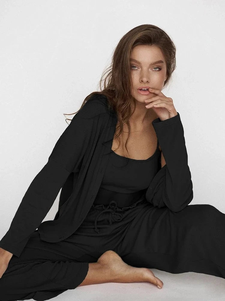 2024 Soft Touch Ribbed Drop Sleeves Sleepwear Pajama Set Winter Sleepwear Outfits Pants 3 Pieces Women's Clothing Sets Loose