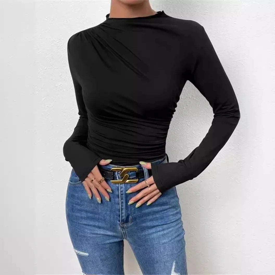 2024 Solid Casual Pleated T-shirt For Women Patchwork Long Sleeve High Waist Inner Ruffled Crop top Ladies Vintage Top Tee