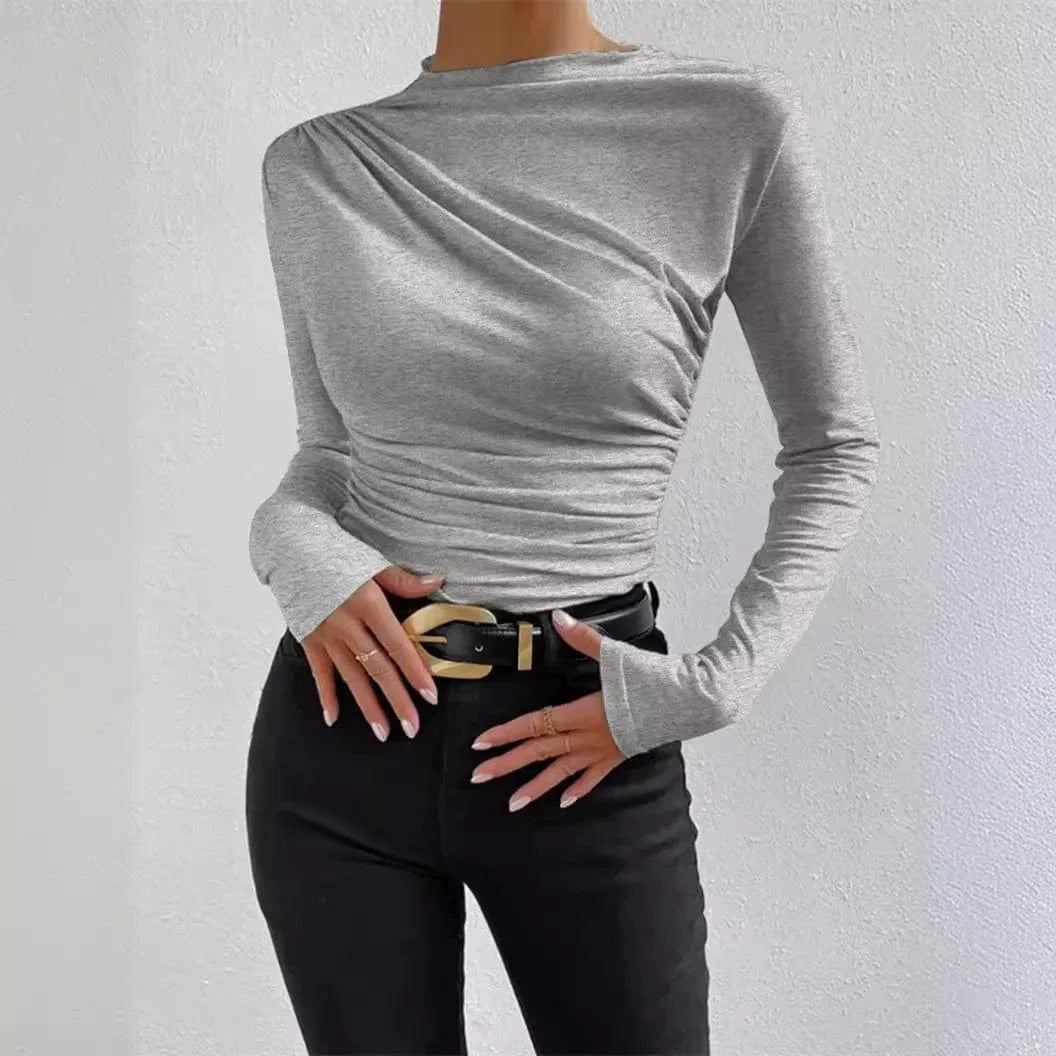 2024 Solid Casual Pleated T-shirt For Women Patchwork Long Sleeve High Waist Inner Ruffled Crop top Ladies Vintage Top Tee