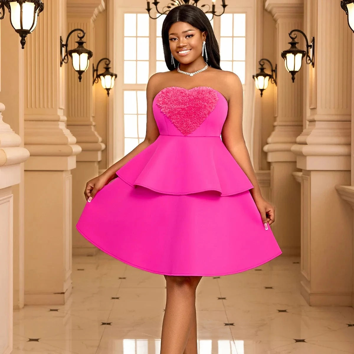 2024 Spaghetti Straps Beaded Lace Applique Burgundy Satin Tiered Mini Length Plus Size Women's Party Dresses