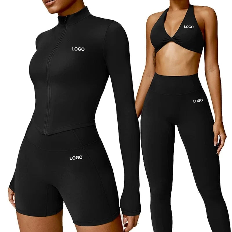 2024 Sportswear Tracksuit Yoga Slim Running Zipper Jacket Gym Scrunch Butt Shorts bra leggings 4 Piece Workout fitness Gym Sets