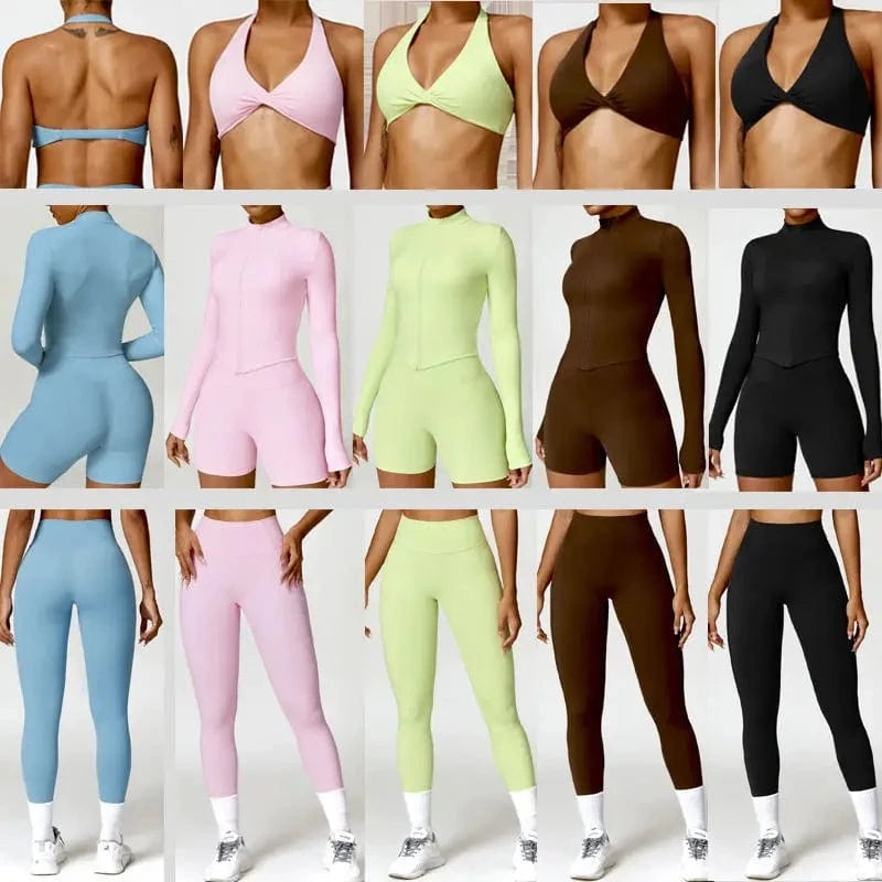 2024 Sportswear Tracksuit Yoga Slim Running Zipper Jacket Gym Scrunch Butt Shorts bra leggings 4 Piece Workout fitness Gym Sets
