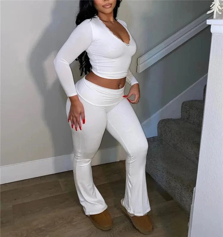 2024 Spring 2 Pcs Sets V Neck Long Sleeve Solid Patchwork Lace Sexy Crop Top Wide Leg Pants Women Sport Yoga Outfit