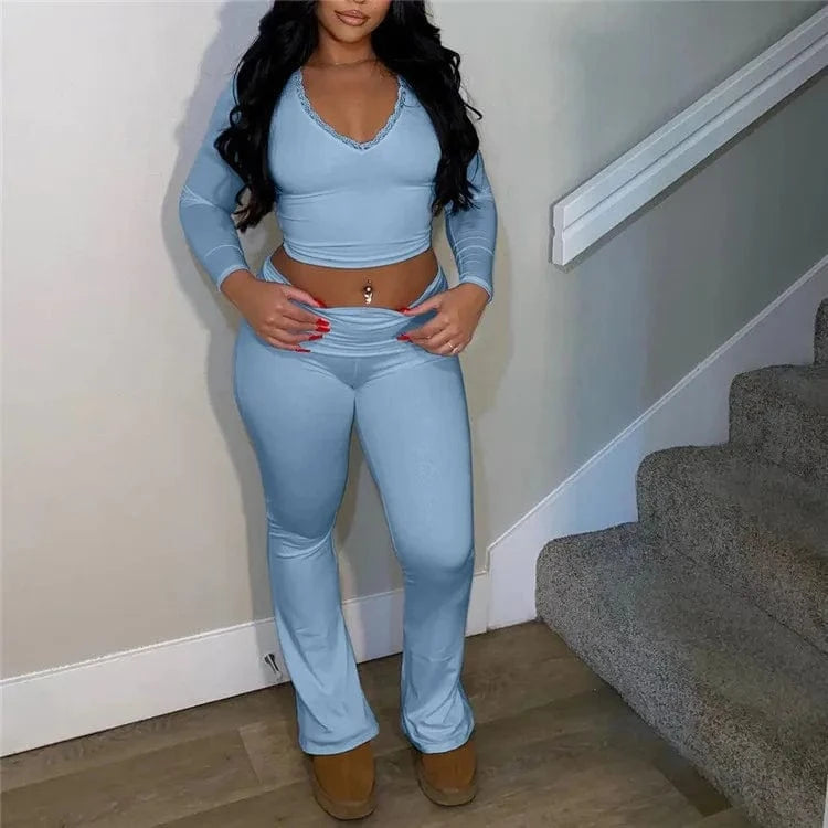 2024 Spring 2 Pcs Sets V Neck Long Sleeve Solid Patchwork Lace Sexy Crop Top Wide Leg Pants Women Sport Yoga Outfit