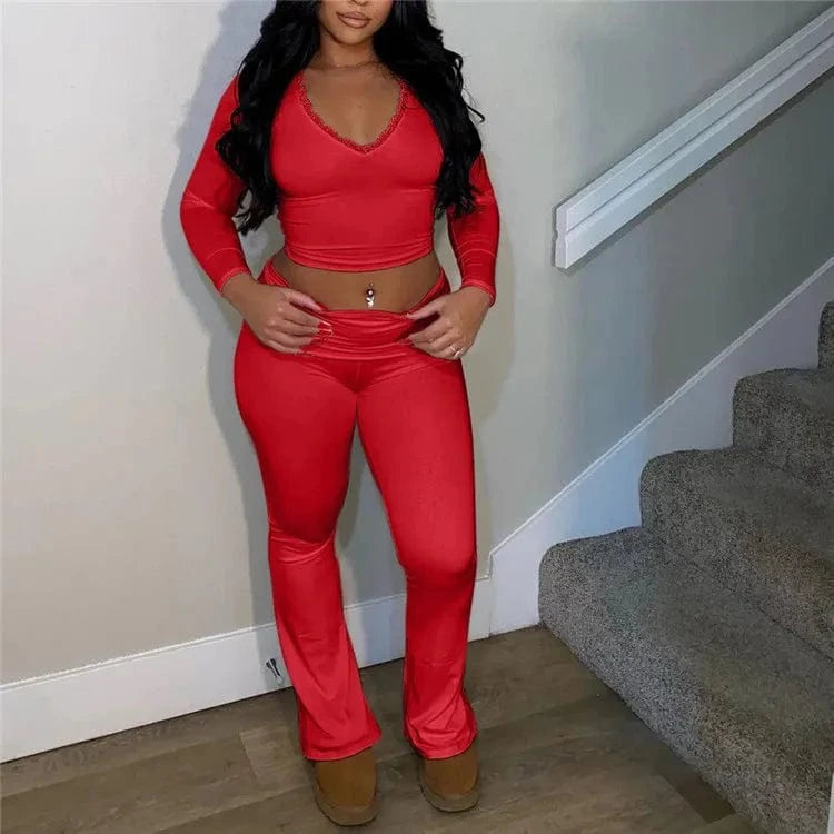 2024 Spring 2 Pcs Sets V Neck Long Sleeve Solid Patchwork Lace Sexy Crop Top Wide Leg Pants Women Sport Yoga Outfit