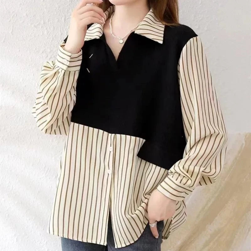 2024 Spring and autumn best-selling fashion women's lapel long sleeve loose color jacquard pullover sweater