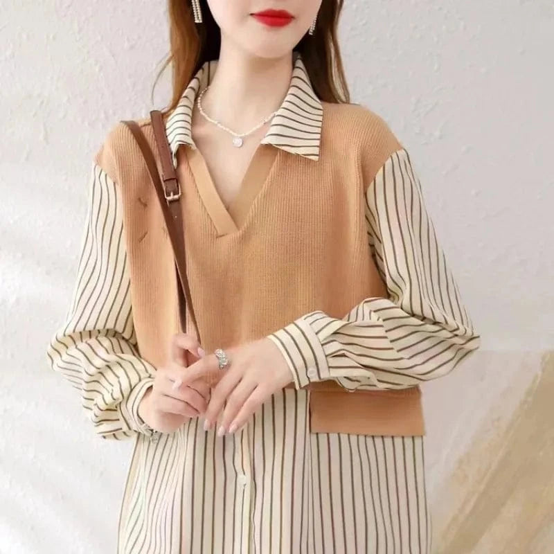 2024 Spring and autumn best-selling fashion women's lapel long sleeve loose color jacquard pullover sweater