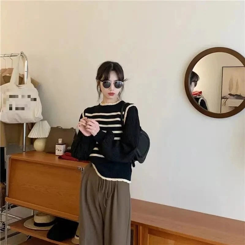 2024 Spring and autumn high-quality best-selling crew neck long sleeve striped loose fashion women's jacquard pullover sweater