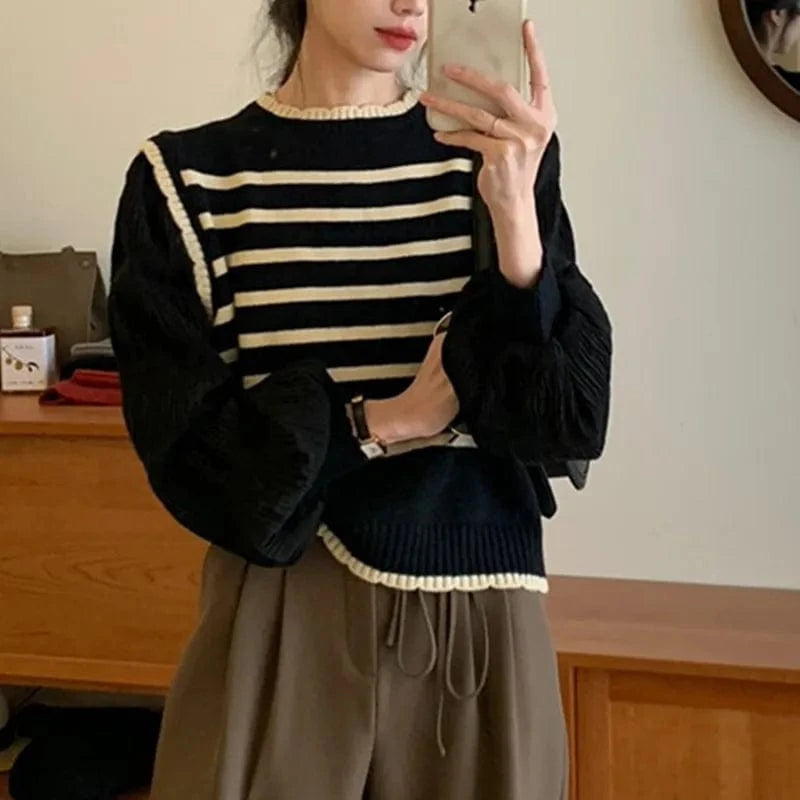 2024 Spring and autumn high-quality best-selling crew neck long sleeve striped loose fashion women's jacquard pullover sweater