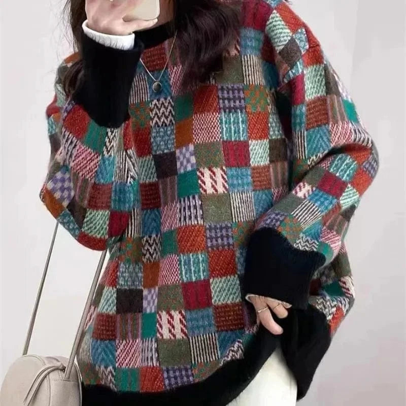2024 Spring and autumn high-quality best-selling crew-neck long-sleeved loose plaid jacquard women's knitted sweater