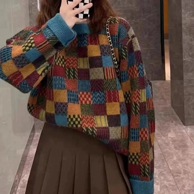 2024 Spring and autumn high-quality best-selling crew-neck long-sleeved loose plaid jacquard women's knitted sweater