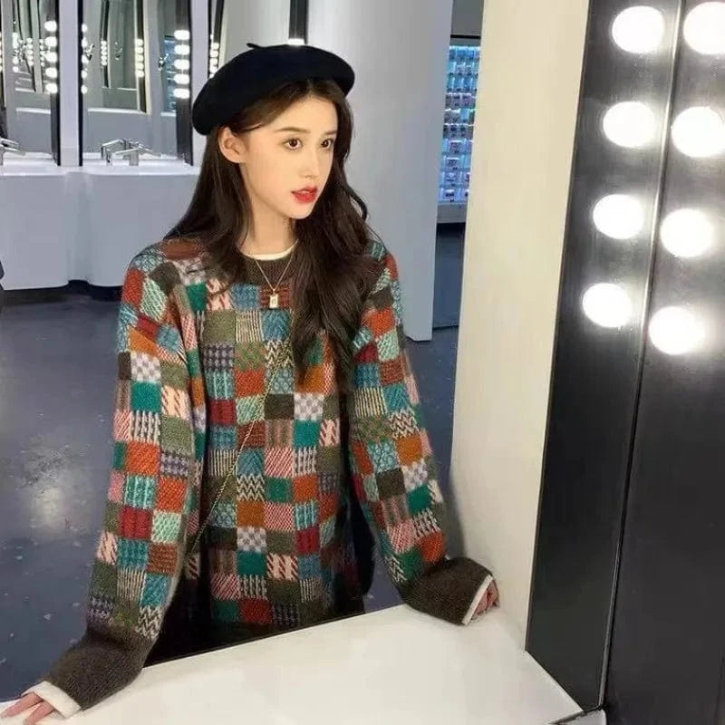 2024 Spring and autumn high-quality best-selling crew-neck long-sleeved loose plaid jacquard women's knitted sweater