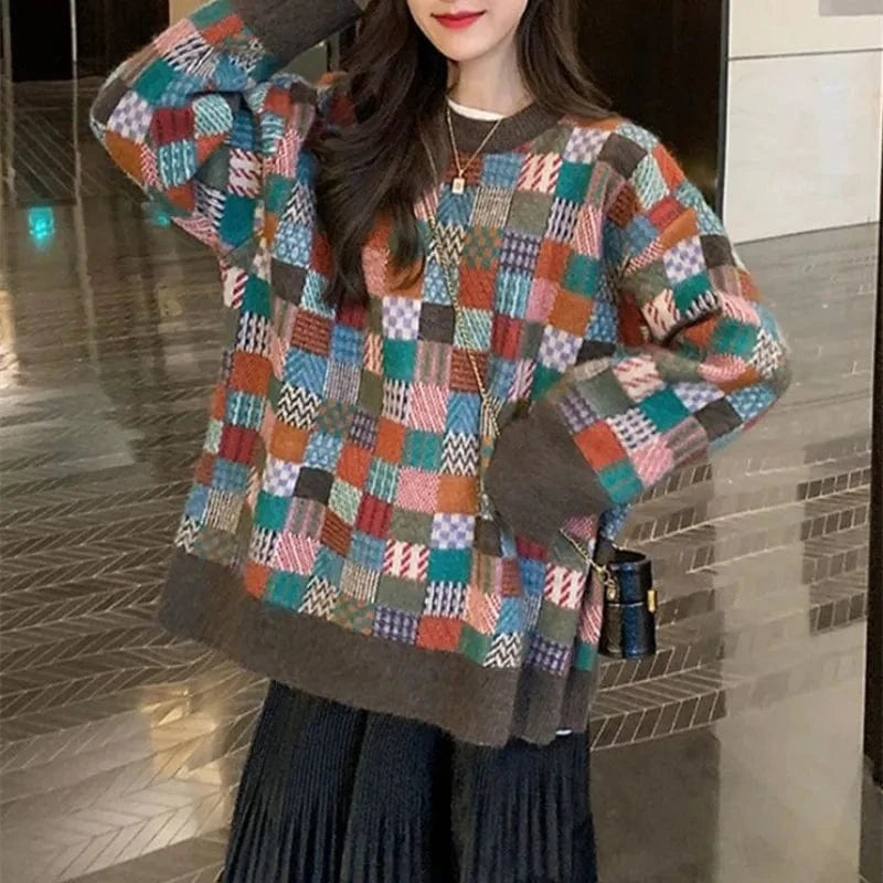 2024 Spring and autumn high-quality best-selling crew-neck long-sleeved loose plaid jacquard women's knitted sweater