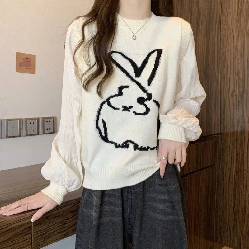 2024 Spring and autumn high-quality best-selling crewneck long sleeve loose solid color rabbit jacquard knitted pullover sweater