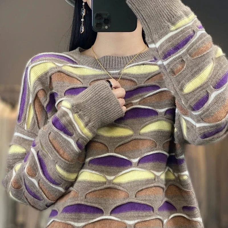 2024 Spring and autumn high-quality best-selling fashion women's striped crew collar long sleeve loose jacquard knit sweater