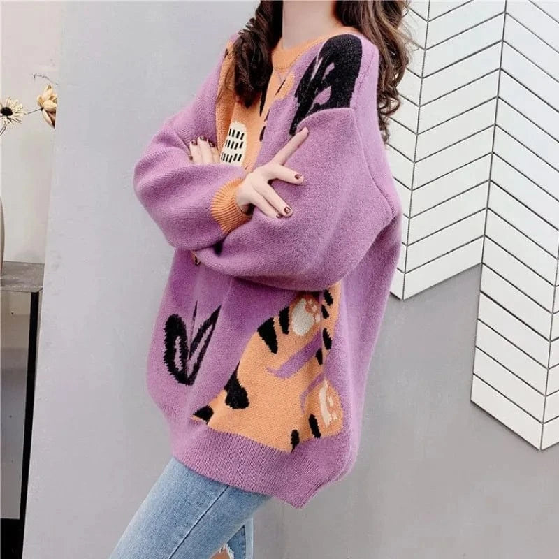 2024 Spring and autumn high-quality best-selling round neck long sleeve loose cartoon cat cute fashion women's printed sweater
