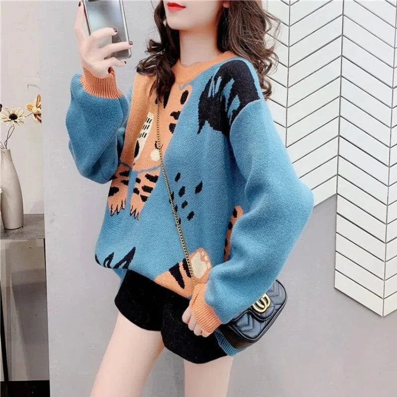 2024 Spring and autumn high-quality best-selling round neck long sleeve loose cartoon cat cute fashion women's printed sweater