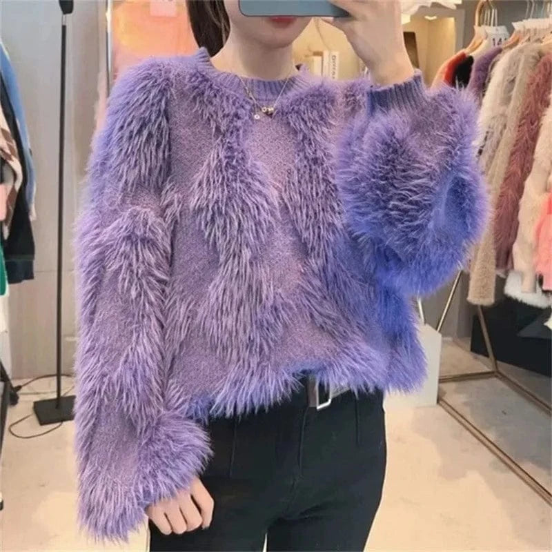 2024 spring and autumn high-quality fashion women's best-selling solid color plush long-sleeved crew-neck loose sweater