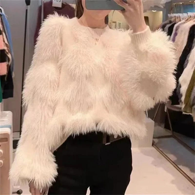 2024 spring and autumn high-quality fashion women's best-selling solid color plush long-sleeved crew-neck loose sweater