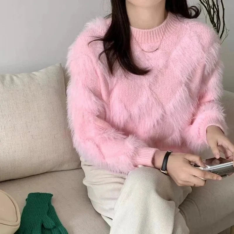 2024 spring and autumn high-quality fashion women's best-selling solid color plush long-sleeved crew-neck loose sweater
