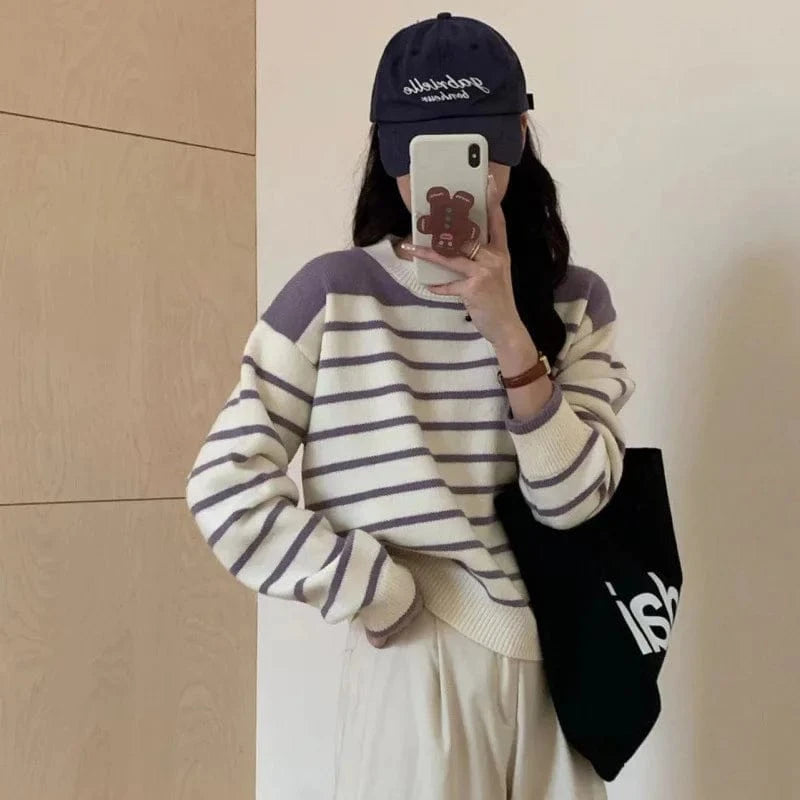 2024 Spring and autumn new arrival high quality girls crew neck long sleeve striped loose jacquard knit pullover sweater