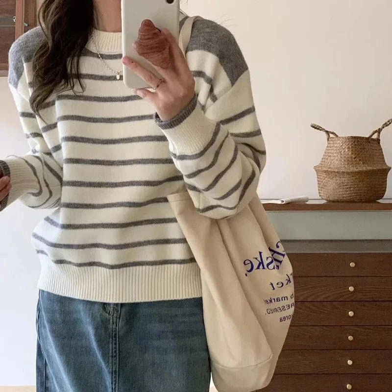 2024 Spring and autumn new arrival high quality girls crew neck long sleeve striped loose jacquard knit pullover sweater