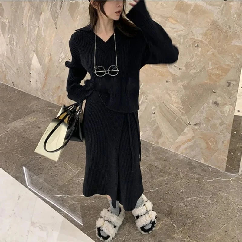 2024 Spring and autumn new arrival of high quality V-neck long sleeve loose solid color knit two-piece skirt