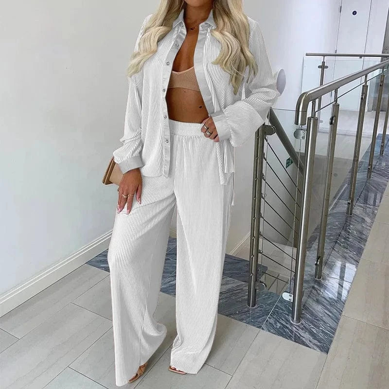 2024 spring and autumn new corduroy lapel shirt single-breasted long-sleeved shirt + casual loose leggings two-piece set