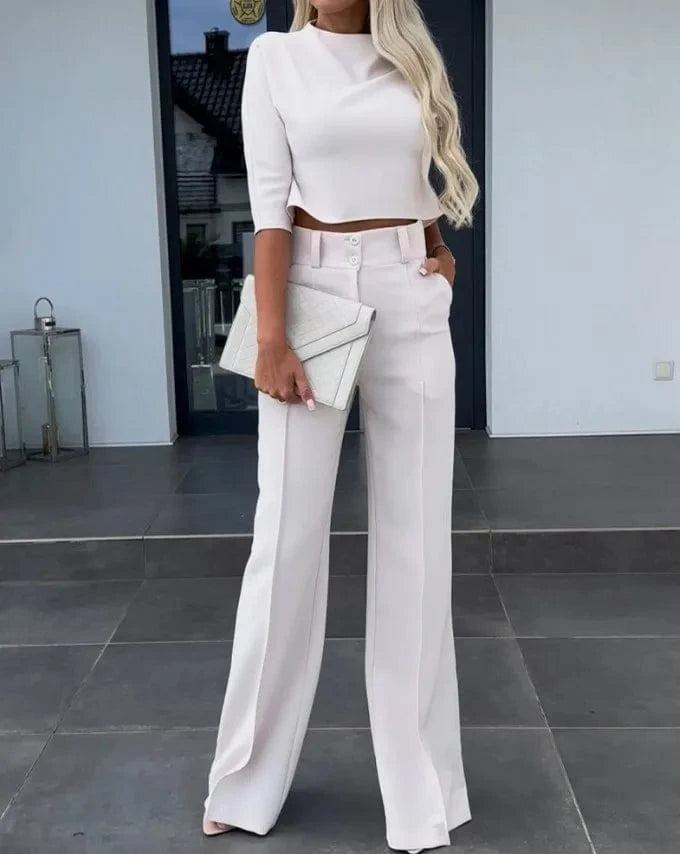 2024 Spring and Autumn New Fashion Casual Solid Color Long sleeved Set Women's Tops+Pants Two Piece Set