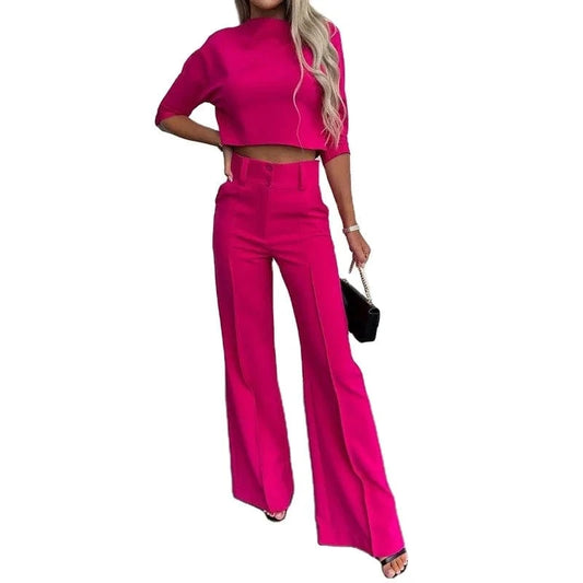 2024 Spring and Autumn New Fashion Casual Solid Color Long sleeved Set Women's Tops+Pants Two Piece Set