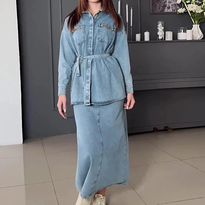2024 Spring and Autumn New Fashion Old Washed Casual Denim Dress Suit Women's Fashion Casual set