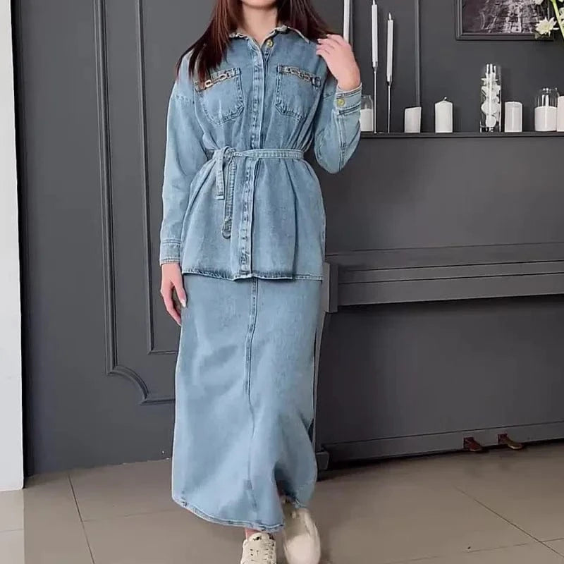 2024 Spring and Autumn New Fashion Old Washed Casual Denim Dress Suit Women's Fashion Casual set