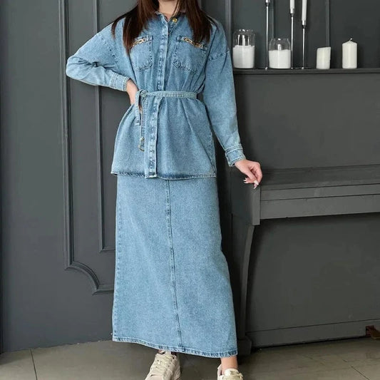 2024 Spring and Autumn New Fashion Old Washed Casual Denim Dress Suit Women's Fashion Casual set