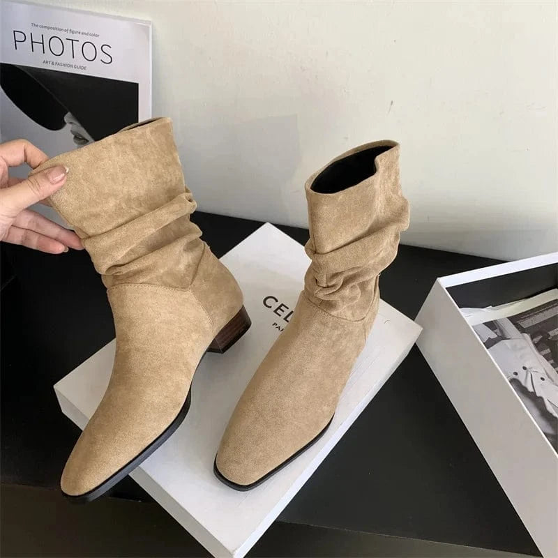 2024 Spring and Autumn New Retro Square Toe Mid-well Boots Women's Solid Color All-match Comfortable Fashion Boots Women