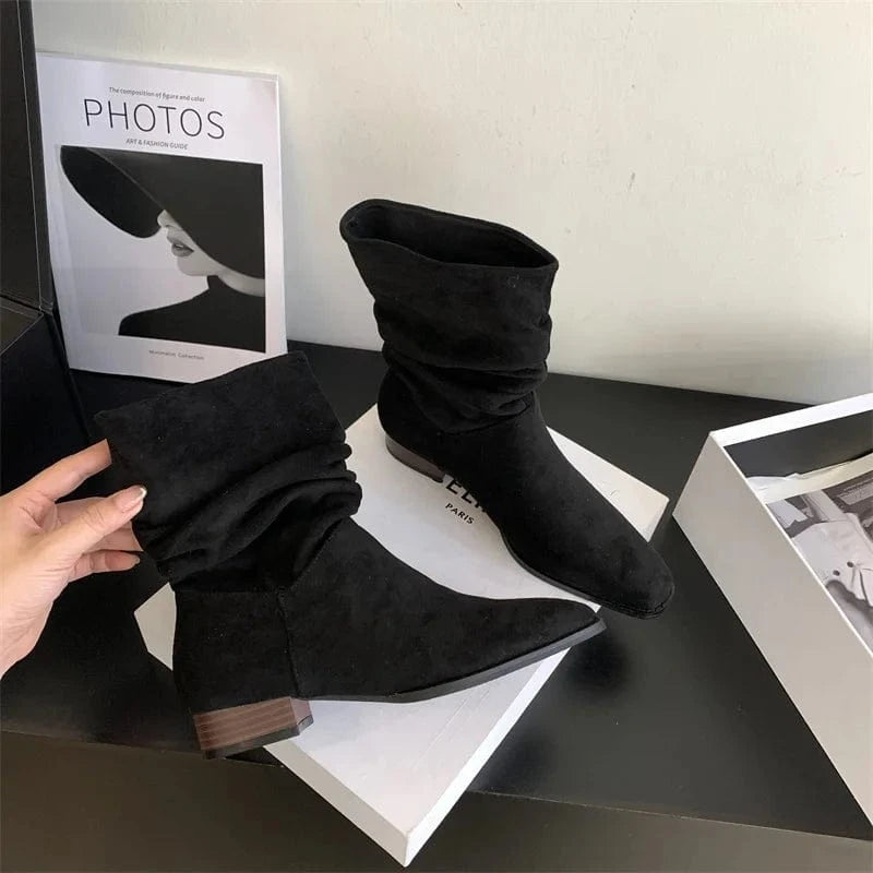 2024 Spring and Autumn New Retro Square Toe Mid-well Boots Women's Solid Color All-match Comfortable Fashion Boots Women