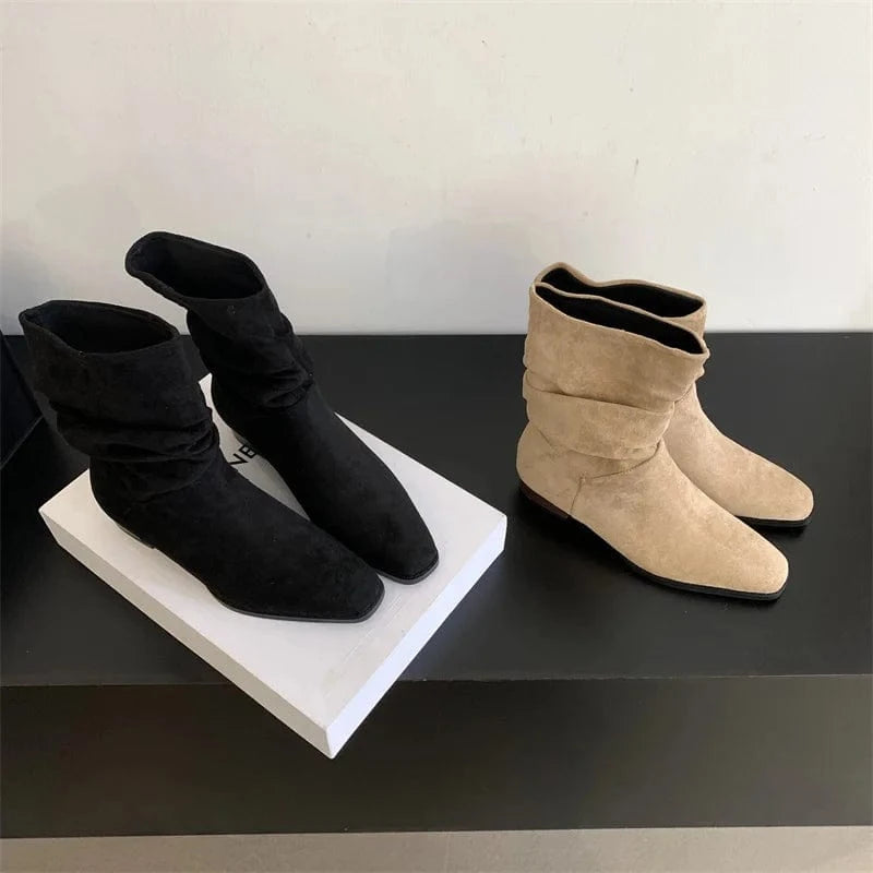 2024 Spring and Autumn New Retro Square Toe Mid-well Boots Women's Solid Color All-match Comfortable Fashion Boots Women