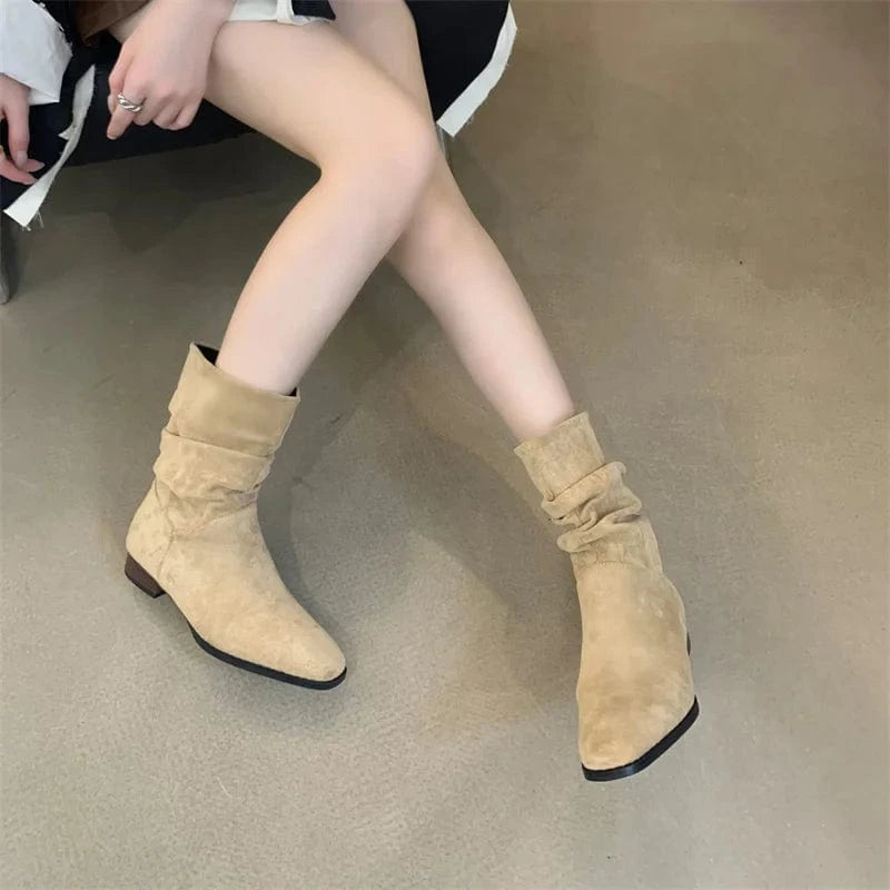 2024 Spring and Autumn New Retro Square Toe Mid-well Boots Women's Solid Color All-match Comfortable Fashion Boots Women