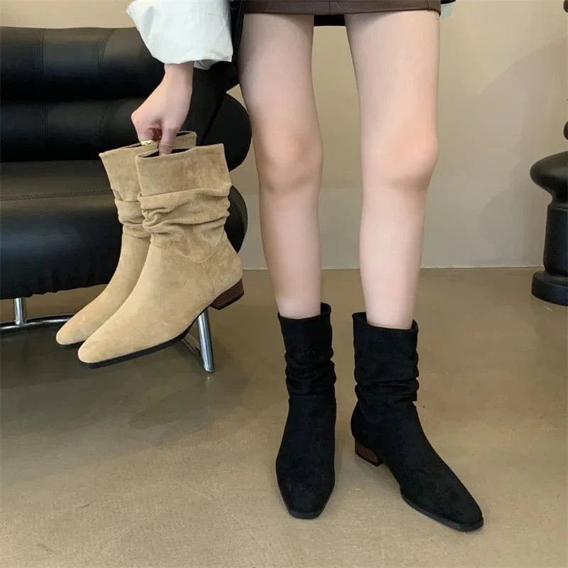 2024 Spring and Autumn New Retro Square Toe Mid-well Boots Women's Solid Color All-match Comfortable Fashion Boots Women