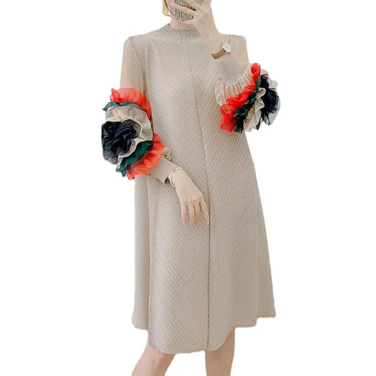 2024 Spring And Summer High Quality New Casual Dress Embroidered Flower Sleeves Mid-Length Women's Miyake Pleated Dress