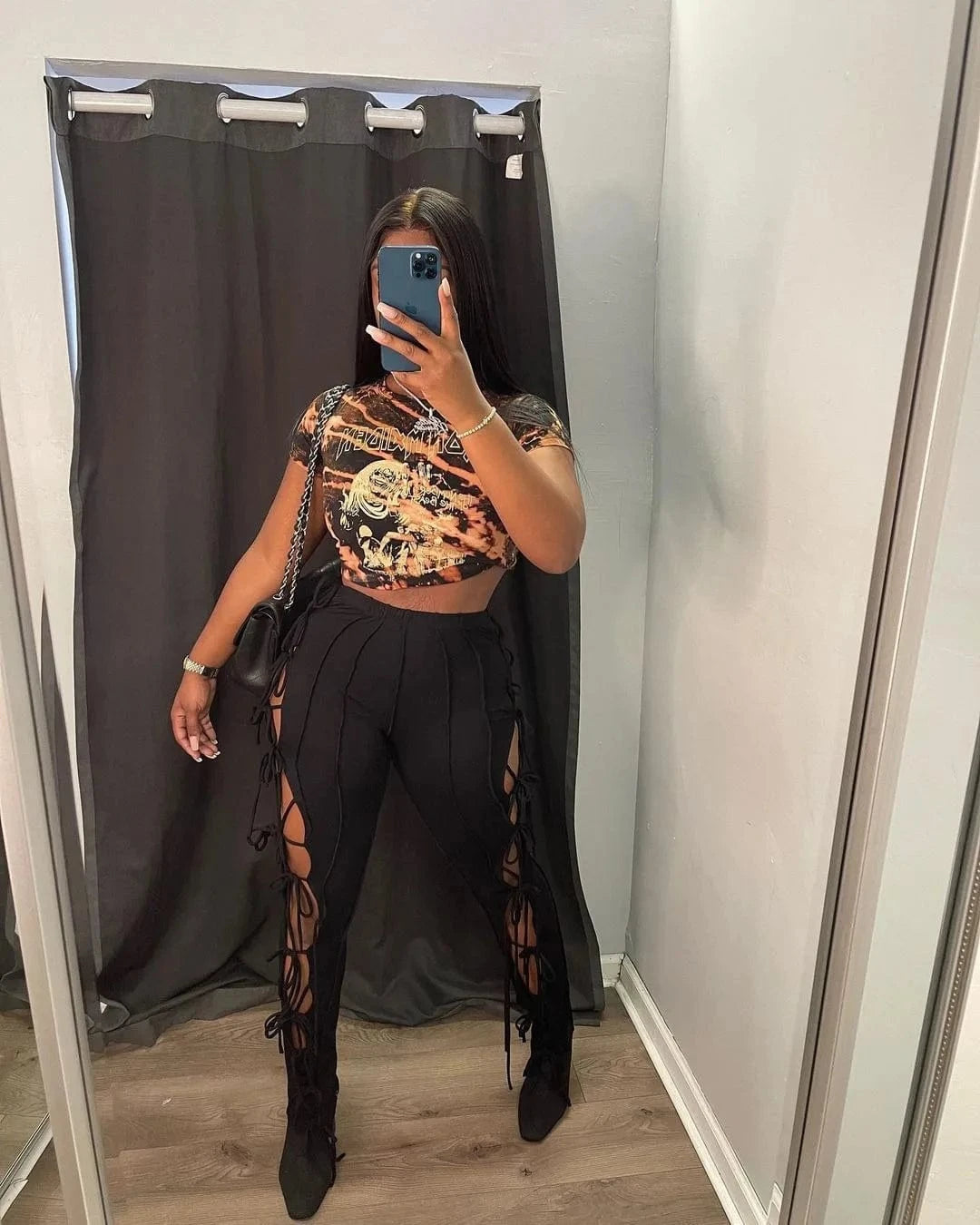 2024 Spring and summer new women's hollow high elastic waist black pencil pants