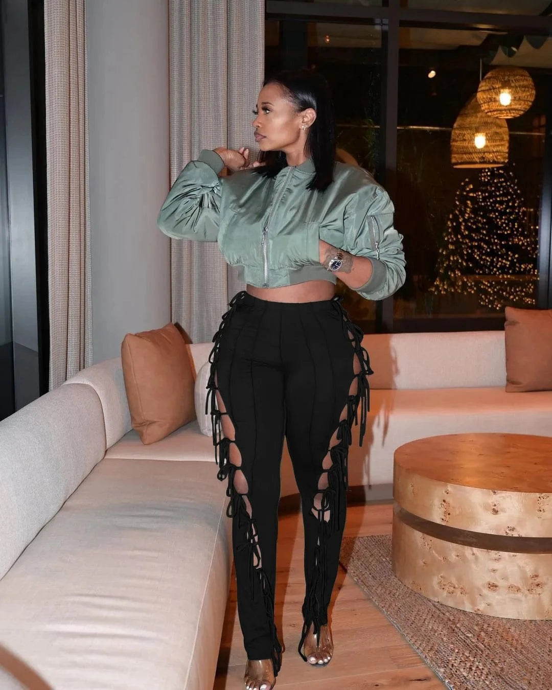 2024 Spring and summer new women's hollow high elastic waist black pencil pants