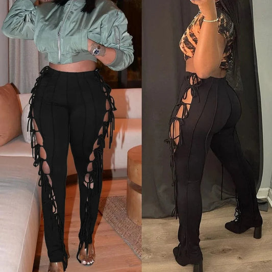 2024 Spring and summer new women's hollow high elastic waist black pencil pants